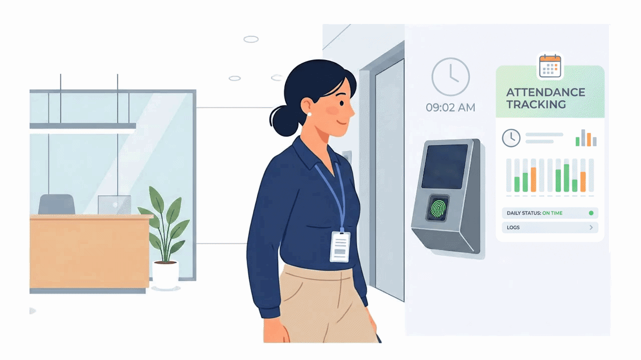 Employee using a wall-mounted biometric time clock with an attendance tracking dashboard